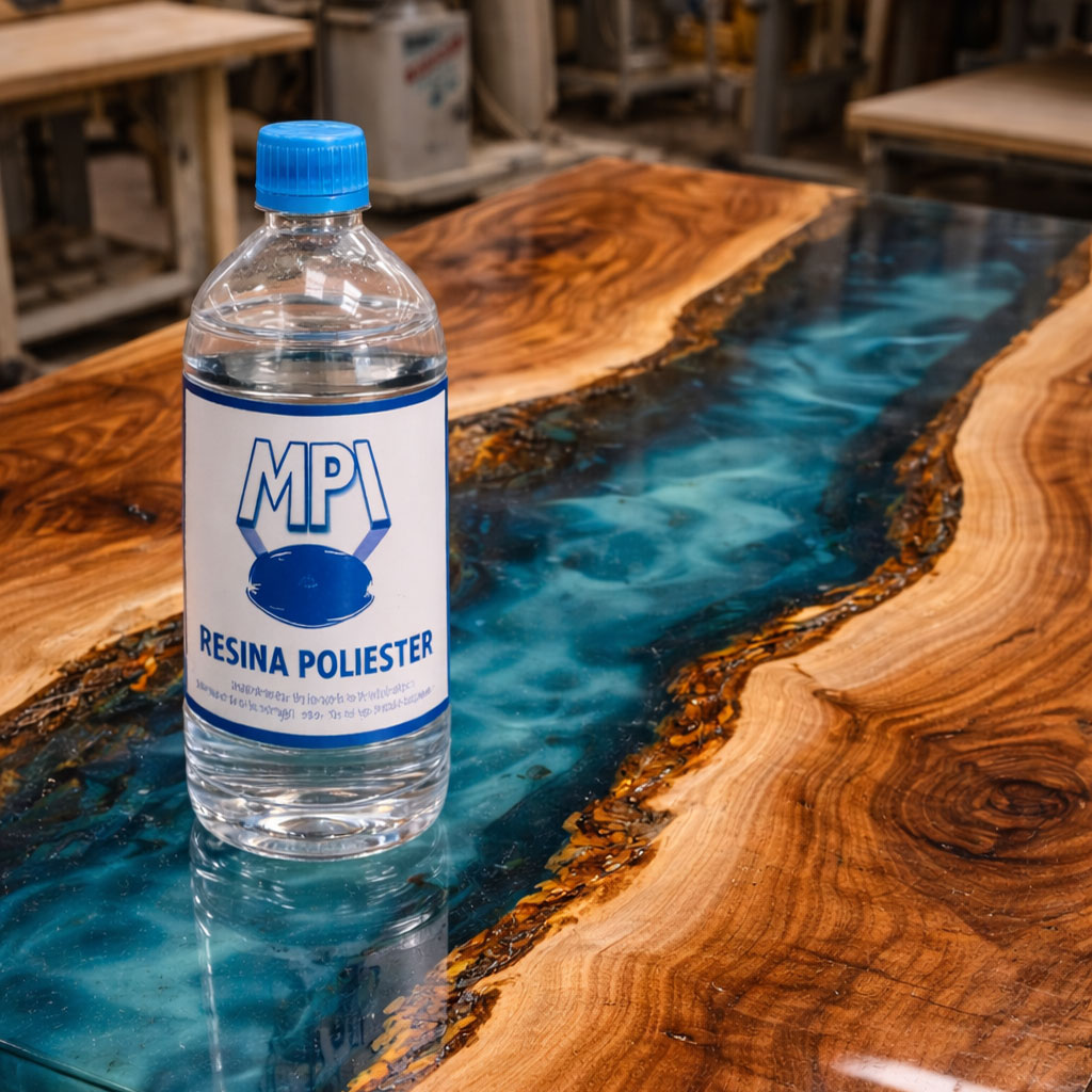 Mesa tipo river table con colada epoxi traslúcida